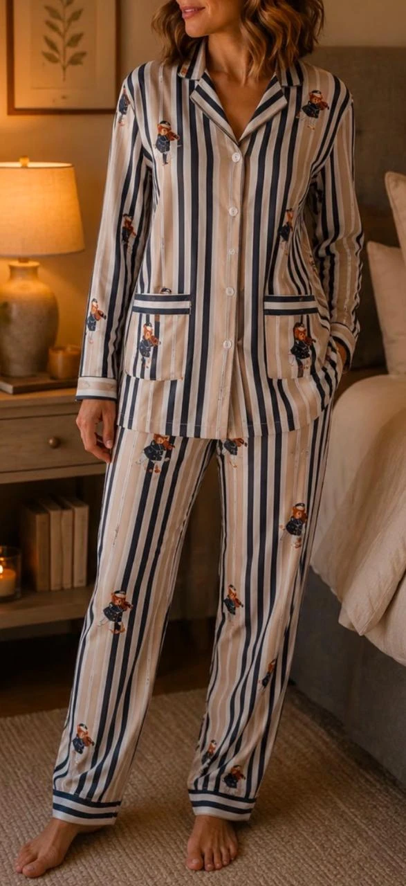 🧸 Pyjama 100 % Coton Rayé avec Motif Ourson coupe Boyfriend - Taille XL